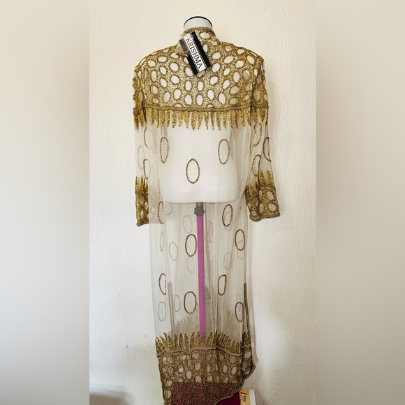 NWT Breathtaking Vtg Krishma Handmade Ivory & Gold Beads Embellished Net Duster - Picture 12 of 16